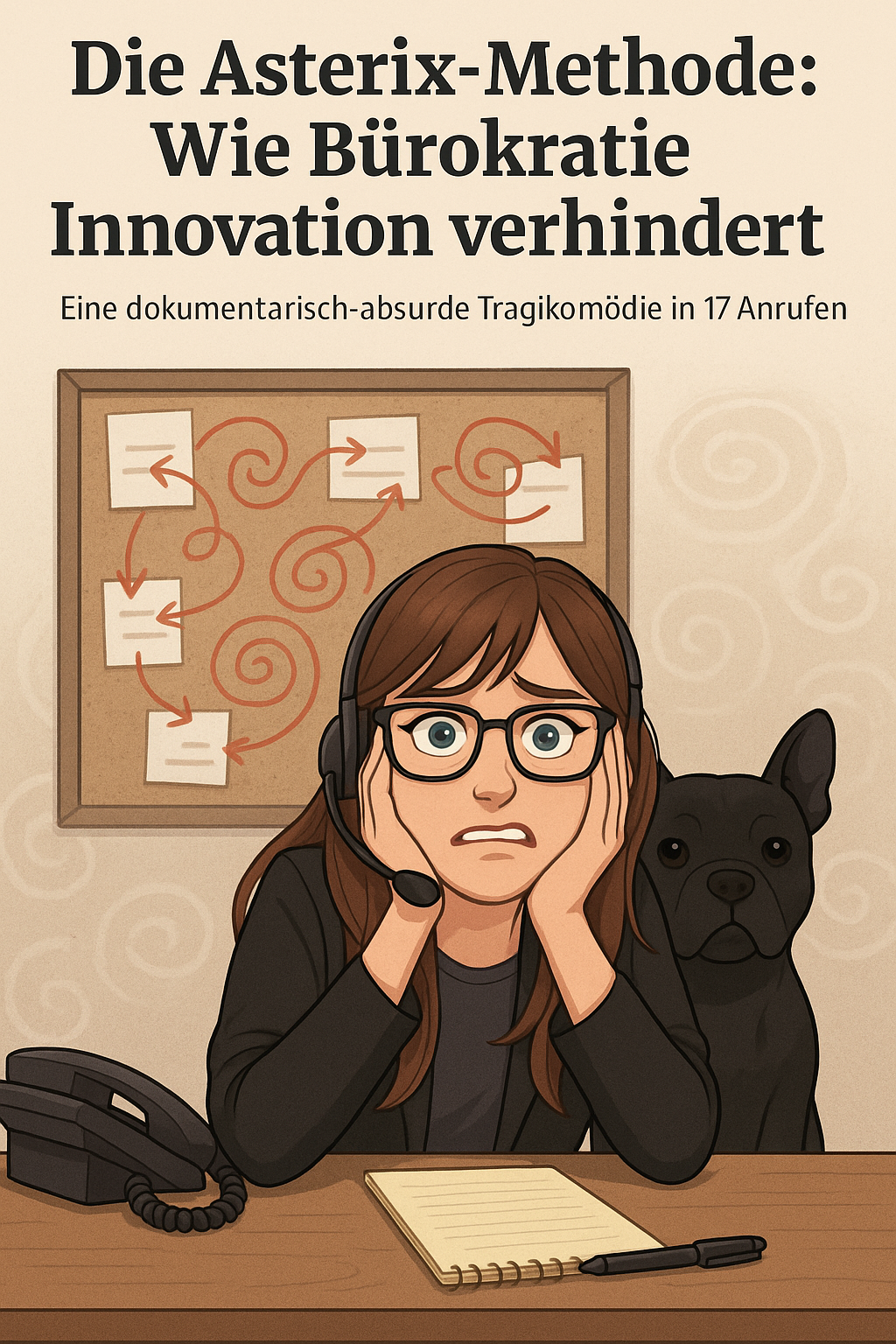 Die Asterix-Methode: Frau mit Headset vor chaotischer Pinnwand mit Pfeilen